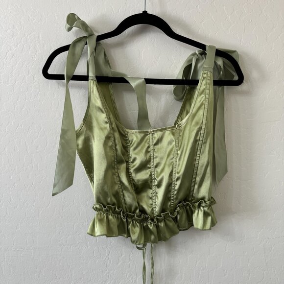 Lime Green Satin Tie Shoulder Lace Up Corset - Picture 8 of 9